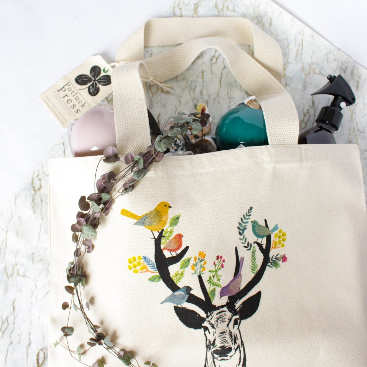 Sac en coton 100% | Motif cerf et oiseaux - shop_name artisanat Fait_main Fabriqué_en_france Création_unique