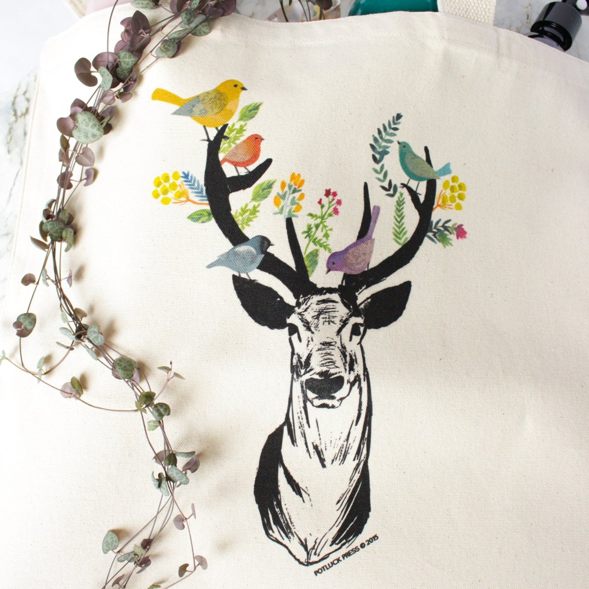 Sac en coton 100% | Motif cerf et oiseaux - shop_name artisanat Fait_main Fabriqué_en_france Création_unique