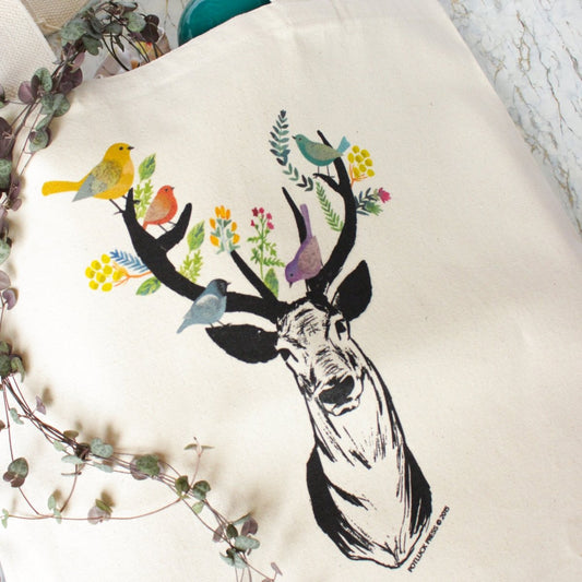 Sac en coton 100% | Motif cerf et oiseaux - shop_name artisanat Fait_main Fabriqué_en_france Création_unique